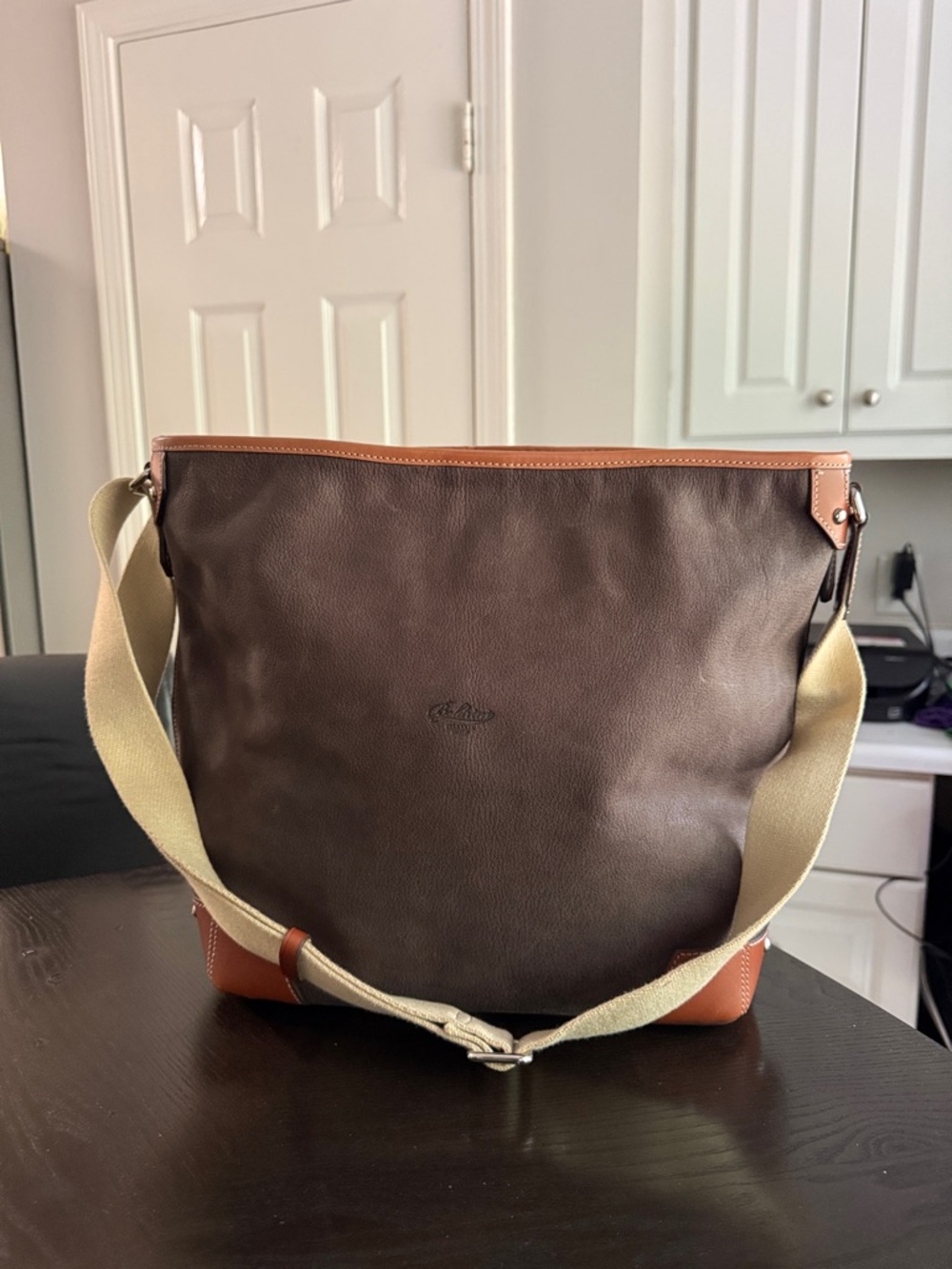 Boldrini Selleria Large Leather Messenger Bag in Brown and Tan - Canvas Strap
